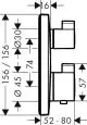 Thermostat von Hansgrohe, Unterputzinstallation mit zwei Anschlüssen, abgebildet in seitlicher Draufsicht mit Maßlinien und Durchmessern.